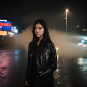 A beautiful woman standing on a bustling city street at night, neon lights reflecting off the wet pavement, fog creating a mysterious atmosphere, closeup portrait photo, she is wearing stylish dark clothes, soft lighting highlighting her features, vibrant colors, depth of field.