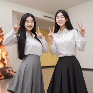 A confident smile, Two students demonstrating a gesture commonly associated with a peace sign while speaking by, slacks, Black Hair, indoor, in, skirt, shirt, ((((complete fiine fingers))))
