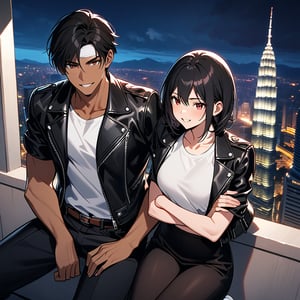 Orochiquillo, dark skin, couple, two people, man and woman, red eyes, ((black leather jacket with rolled up arms)), fingerless gloves, black hair, white T-shirt, ((white headband)), black pants, white shoes, brown belt, handsome, shot, charming, masterpiece, high resolution, detailed face, fine grain, night, cloudy sky, confident smiling, with lover, Petronas Twin Towers, Malaysia, dining on terrace, same clothes and hairstyle for both sexes, hands on head, toothy smile, sitting cross-legged