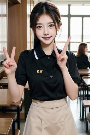 ((Best quality, 8K, Masterpiece:1.3)), couple, confident smiles, taking photo, after school, at restaurant, having fun, talking, using peace sign gestures, short black hair, brown eyes, brown skin, students, uniforms, slacks, skirt, indoor, hamburger, highly detailed face and skin texture, highly detailed fingers
