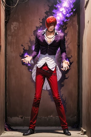 Score_9, score_8_up, score_7_up, score_6_up, 1boy, solo, fighting face, iori yagami, red hair, short hair, hair over one eye, red eyes, collarbone, (extra long white shirt), black jacket, red pants, chocker, black boots. 

Fighting stance, (big purple fire released widely from his open up palms:1.49), (dark purple fire element:1.5) burning brightly covered his outfits. 

Background is in front of alley behind a rundown tall apartment with rustic color theme with crescent moonlight in cloudy sky. 

RAW, Full body shoot, wide long shoot, side view, Extremely Realistic, ultra detail,fire element,composed of fire elements