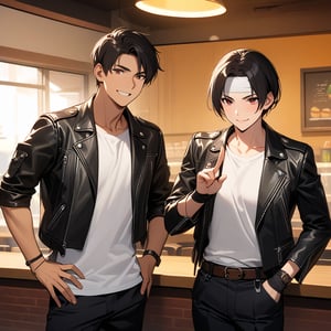 ((Best Picture Quality, 8K, Masterpiece: 1.3)), couple, confident smile, taking pictures, after school, restaurant, enjoying, talking, peace sign gesture, short black hair, red eyes, brown skin, ((black leather jacket with rolled up arms)), fingerless gloves, white T-shirt, ((white headband)), black pants, white shoes and brown belt, indoors, hamburger, very fine texture of face and skin, very fine texture of fingers.