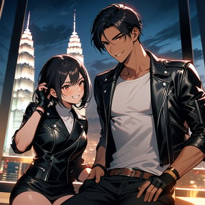 Orochiquillo, dark skin, couple, two people, man and woman, red eyes, ((black leather jacket with rolled up arms)), fingerless gloves, black hair, white T-shirt, ((white headband)), black pants, white shoes, brown belt, handsome, shot, charming, masterpiece, high resolution, detailed face, fine grain, night, cloudy sky, confident smiling, with lover, Petronas Twin Towers, Malaysia, dining on terrace, same clothes and hairstyle for both sexes, hands on head, toothy smile, sitting cross-legged