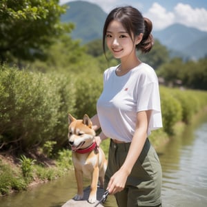 Flowing with crystal clear water,beautiful mountain in background々,(Girl taking a walk with a puppy:1.3),(Shiba dog:1.3),Have a lead,Very Big White T-Shirt,Cargo pants, gently smiling、(beautiful a girl)、(short hair of red-brown color、hair pin、poneyTail、Floating hair、)Colossal tits、A smile that beguiles the viewer、Look into the photographer、skin glistening with sweat、gazing at viewer,pointed red mouth,Perfect round face,,Proper body proportion,Intricate details,Very delicate and beautiful hair,photos realistic,Dreamy,Professional Lighting,realistic shadow,Beautiful hands,Beautiful fingers,Detailed finger features,Detailed arm functions,detailed clothes features,Detailed hair features,detailed facial features,(masutepiece,top-quality,Ultra-high resolution output image,) ,(The 8k quality,),(Image Mode Ultra HD,)