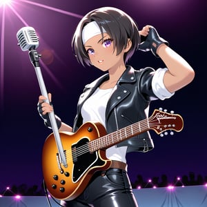 (top quality, 4K, high resolution, masterpiece:1.2), very detailed, (rock style:1.37, high contrast), cinematic light, vivid colors and fascinating effects, soft and subtle lighting, lens flare, overall scene has a beautiful and peaceful The whole scene is beautiful and peaceful. , portrait, girl, singer, stage, performance, rock music, vivid colors, beautiful detailed eyes, beautiful detailed lips, dark skin tone, short cut with black hair , she is wearing ((black leather jacket with arms rolled up)), fingerless gloves, white T-shirt, (( white headband )), open jacket, black pants, white shoes, brown belt, microphone stand, music band, energetic pose, concert lights, smoke effect, edgy style, leather jacket, dynamic movements, hypnotic voice, stadium, amplification Electric atmosphere, noisy, loud music, electric guitar, powerful vocals, passionate performance, sparkling stage, concert atmosphere, music festival, full of emotion, rock star attitude, determined expression, enthusiastic fans, engaging stage presence, expressive gestures, rock star aura, electric atmosphere, singing from the heart, an unforgettable show.
