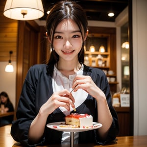 High resolution,high quality,High resolution,Woman eating cake,coffee shop,Happy expression