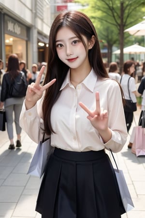 "Confident smile, two students making peace sign gesture while talking in shopping area, slacks, dark hair, in city, skirt, shirt, very detailed, full faithful fingers."