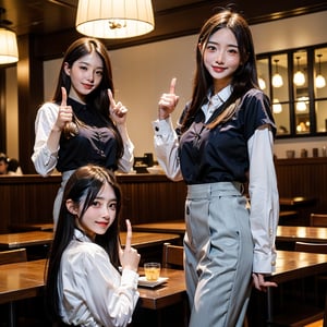 A confident smile, Dining in a restaurant with a beautiful night view,2 students、While talking near the restaurant、Posing with thumbs up, slacks, Black Hair, indoor, Counter seats, skirt, shirt, ((((Complete faithful finger))))