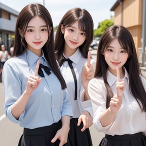 A confident smile, Buying croquettes on the way home from school,Accepting a photo shoot,Sounds like fun,短いBlack Hair, Brown eyes,Brown Skin,2 students、Use a gesture commonly associated with the peace sign when speaking (From outdoors), skirt, Black Hair, meal, shirt, ((((Complete faithful finger))))