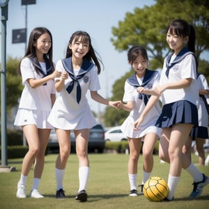 Japanese schoolgirls playing sports、Having fun using the ball、17 years old、Sailor suit、Break time