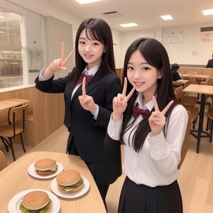 ((Best quality, 8K, Masterpiece:1.3)), couple, confident smiles, taking photo, after school, restaurant, having fun, peace sign gestures, short black hair, brown eyes, brown skin, students, uniforms, slacks, skirt, indoor, hamburger, highly detailed face and skin texture, highly detailed fingers