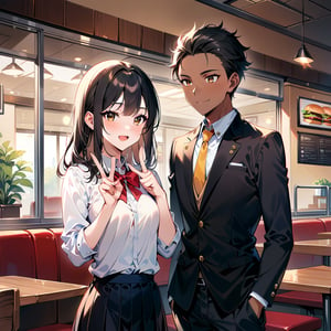 ((Best quality, 8K, Masterpiece:1.3)), couple, confident smiles, after school, restaurant, enjoying, talking, using peace sign gestures, short black hair, brown eyes, brown skin, students, uniforms, slacks, skirt, indoor, hamburger, highly detailed face and skin texture, highly detailed fingers