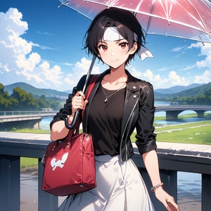 ,(masterpiece:1.2, high quality), (pixiv:1.4),TIV, one girl, transparent, umbrella, skirt, sky, solo, holding, black hair, outdoors, bag, clouds, looking at viewer, shirt, short hair, holding umbrella, white skirt, bangs, transparent umbrella, railing, jewelry, short sleeves, closed mouth, red eyes, teruterubouzu, ((black jacket rolled up)), blue sky,((white headband)), blurred, black shirt, standing, cloudy sky, smile, collarbone, , depth of field, day, open clothing, bracelet, pink jacket, bridge, cowboy shot