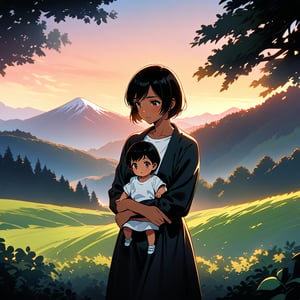 Soft focus captures the tender moment: a young woman with dark skin, short hair, and striking features cradles a child in her arms amidst the serene Japanese countryside. Her black jacket and white T-shirt blend seamlessly with the tranquil landscape. The loose, wavy texture of her shorthair adds depth to the scene. Framed by lush greenery, she stands out against the gentle hills and distant mountains, the warmth of the setting sun casting a golden glow on the duo.