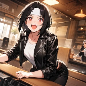 1, beautiful woman, black hair, younger sister, red eyes, short bob, she is wearing ((black leather jacket with rolled up sleeves)), fingerless gloves, white T-shirt, ((white headband)), black long pants, white shoes, brown belt, laughing on speaker, high quality, table top, beautiful girl, cafe,