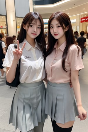 "Confident smile, two students talking in a mall, peace sign gesture, slacks, dark hair, in the street, skirt, shirt, very detailed and perfectly accurate fingers."