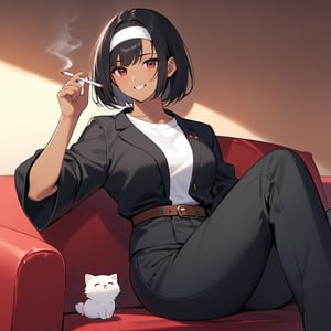 single,woman,shortcut,Black Hair,Dark Skin,Red eyes,Slightly large chest, ((Black jacket with rolled up sleeves)),(Fingerless gloves), White T-shirt, ((White headband)), Black trousers, White shoes, Brown belt, cute, Indoor-oriented, Charm, Highest quality, neat face, Clear, dark eyes, Sitting on the couch, relax, (Smoking a cigarette),Holding a cigarette in your right hand, Beautiful Japan, Smile and laugh. Her eyes are wide open, Her gaze is slightly downwards, And the mouth is half open,