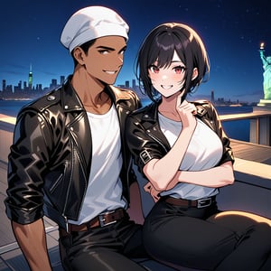 Orochkijo, dark skin, couple, two people, man and woman, red eyes, ((black leather jacket with rolled up arms)), fingerless gloves, black hair, white T-shirt, ((white bowler)), black pants, white shoes, brown belt, handsome, shot, charming, masterpiece, high resolution, fine face, fine grain, night, blue sky, confident Smiling, With lover, Statue of Liberty in background, USA, Sitting on terrace, Both man and woman wearing same clothes and hairstyle, Hand on chin, Toothy smile, Looking at viewer