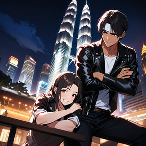 Orochiquillo, dark skin, couple, two people, man and woman, red eyes, ((black leather jacket with rolled up arms)), fingerless gloves, black hair, white T-shirt, ((white headband)), black pants, white shoes, brown belt, handsome, shot, charming, masterpiece, high resolution, detailed face, fine grain, night, cloudy sky, confident smiling, with lover, Petronas Twin Towers, Malaysia, dining on terrace, same clothes and hairstyle for both sexes, hands on head, toothy smile, sitting cross-legged