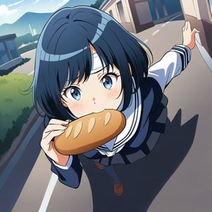 ((Best quality, 8K, Masterpiece:1.3)), anime style, 2D rendering, Japanese high school girl, bob cut, navy blue sailor uniform, running, eating bread, top-down view, realistic young anime schoolgirl, ((white headband)), (school background), hurried expression, on the way to school
