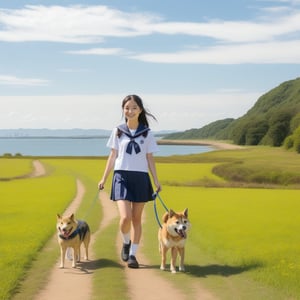 A Japanese high school girl in a sailor uniform walking a Shiba Inu puppy in a field, with a big sky and a view of the sea in the background. (highest quality, masterpiece, high resolution, detailed), anime style, flat style, (shining eyes, detailed beautiful face)