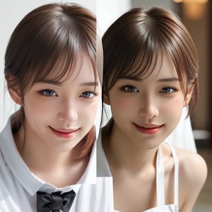 Cute 21 year old Japanese, apron, black bow tie, waiter, cafe, very detailed face, attention to detail, double eyelids, beautiful thin nose, sharp focus: 1.2, beauty: 1.4, (light brown hair, short hair,), pure white skin, top quality, masterpiece, super high res, (realistic: 1.4 ), very detailed and professional lighting, nice smile, carry coffee, show full body,