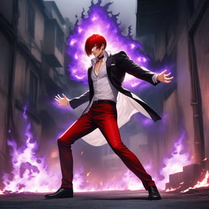 Score_9, score_8_up, score_7_up, score_6_up, 1boy, solo, fighting face, iori yagami, red hair, short hair, hair over one eye, red eyes, collarbone, (extra long white shirt), black jacket, red pants, chocker, black boots. Fighting stance, (big purple fire released widely from his open up palms:1.49), (dark purple fire element:1.5) burning brightly covered his outfits. Background is in front of alley behind a rundown tall apartment with rustic color theme with crescent moonlight in cloudy sky. RAW, Full body shoot, wide long shoot, side view, Extremely Realistic, ultra detail,fire element,composed of fire elements
