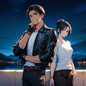 Orochkijo, dark skin, couple, two people, man and woman, red eyes, ((black leather jacket with rolled up arms)), fingerless gloves, black hair, white T-shirt, ((white bowler)), black pants, white shoes, brown belt, handsome, shot, charming, masterpiece, high resolution, fine face, fine grain, night, blue sky, confident Smiling, With lover, Plitvice Lakes National Park in background, Croatia, Standing, Both man and woman wearing same clothes and hairstyle, Hand on chin, Toothy smile, Looking at viewer