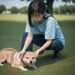 A little girl playing with a dog on the grass、A Shiba Inu,eine Katze,Cute little girl s,grassy fields,early evening、,Photorealsitic,the detail,Good quality,tmasterpiece,（Photorealsitic：1.4）,reality,offcial art,8K quality,Super detail,fine detail skin,Movie Angle,cinematic textures,Movie lighting,Masterpiece,Best picture quality