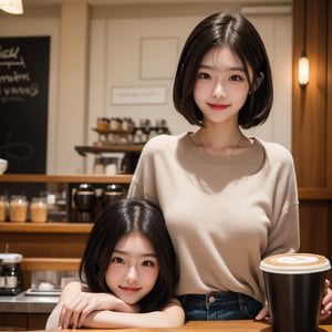 girl, Black Hair, Hairstyle: Short Bob,A look of disgust, smile, High-quality images, masterpiece, coffee shop,