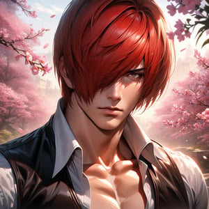 absurdres, highres, ultra detailed, HDR, master piece, best quality, extremely detailed face and eyes, realistic face, Iori Yagami, red hair, short hair, hair over the right eye, expressive brown eyes, The King Of Fighters, black vest, white shirt, black collar, solo, sexy man, handsome, pink flowers, blossoms, spring