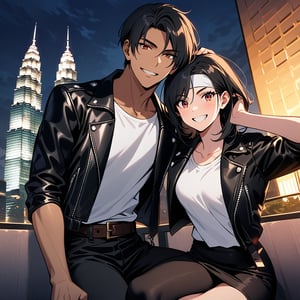 Orochiquillo, dark skin, couple, two people, man and woman, red eyes, ((black leather jacket with rolled up arms)), fingerless gloves, black hair, white T-shirt, ((white headband)), black pants, white shoes, brown belt, handsome, shot, charming, masterpiece, high resolution, detailed face, fine grain, night, cloudy sky, confident smiling, with lover, Petronas Twin Towers, Malaysia, dining on terrace, same clothes and hairstyle for both sexes, hands on head, toothy smile, sitting cross-legged