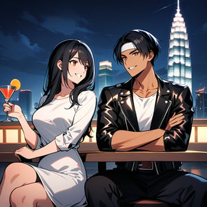 Orochiquillo, dark skin, couple, two people, man and woman, red eyes, ((black leather jacket with rolled up arms)), fingerless gloves, black hair, white T-shirt, ((white headband)), black pants, white shoes, brown belt, handsome, shot, charming, masterpiece, high resolution, detailed face, fine grain, night, cloudy sky, confident smiling, with lover, dining on terrace, Petronas Twin Towers, Malaysia, sipping cocktail in cocktail glass, same dress and hairstyle for both sexes, holding glass, toothy smile, sitting cross-legged