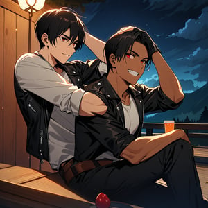 Orochiquillo, dark skin, couple, two people, man and woman, red eyes, ((black leather jacket with rolled up arms)), fingerless gloves, black hair, white T-shirt, ((white potholder)), black pants, white shoes, brown belt, handsome, shot, charming, masterpiece, high resolution, detailed face, fine grain, night, cloudy sky, confident Smiling, With lover, Plitvice Lakes National Park, Croatia, Eating on terrace, Both sexes wearing same clothes and hairstyle, Hands on head, Toothy smile, Sitting cross-legged