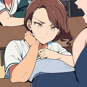 A Japanese high school couple arm wrestling in a school classroom, with other students watching with interest. (highest quality, masterpiece, high resolution, detailed) anime style, flat style, (shining eyes, detailed beautiful faces)