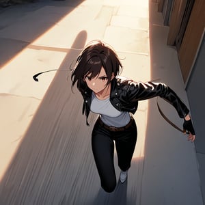 A dynamic shot from above, a young woman in motion, sprinting through the scene with arms pumping in rolled-up black leather jacket sleeves. Dark hair whips back and forth as she runs, fingers gloved in fingerless black leather. Red eyes gleam with determination as she adds bread to a bag, white T-shirt stretching across her chest. Black pants and brown belt complement the outfit, while white shoes flash beneath rapid footsteps. Framed by a high-angle shot, warm sunlight highlights the scene, casting long shadows behind her.