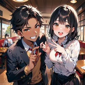 ((Best quality, 8K, Masterpiece:1.3)), couple, confident smiles, taking photo, after school, at restaurant, having fun, talking, using peace sign gestures, short black hair, brown eyes, brown skin, students, uniforms, slacks, skirt, indoor, hamburger, highly detailed face and skin texture, highly detailed fingers