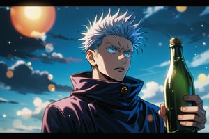 1boy, Gojou satoru, jujutsu Kaisen , white eyelashes, white eyebrows, masterpiece, best quality, very aesthetic, absurdres, cinematic still, emotional, harmonious, vignette, highly detailed, high budget, bokeh, cinemascope, moody, epic, gorgeous, film grain, grainy, solo, cloud, bottle, sky, holding bottle, black suit, angry, sideburns, upper body, holding a bottle