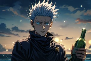 1boy, Gojou satoru, jujutsu Kaisen , white eyelashes, white eyebrows, masterpiece, best quality, very aesthetic, absurdres, cinematic still, emotional, harmonious, vignette, highly detailed, high budget, bokeh, cinemascope, moody, epic, gorgeous, film grain, grainy, solo, cloud, bottle, sky, holding bottle, black suit, angry, sideburns, upper body, single earring, holding a bottle,niji5