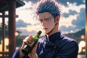 1boy, Gojou satoru, jujutsu Kaisen , white eyelashes, white eyebrows, masterpiece, best quality, very aesthetic, absurdres, cinematic still, emotional, harmonious, vignette, highly detailed, high budget, bokeh, cinemascope, moody, epic, gorgeous, film grain, grainy, solo, cloud, bottle, sky, holding bottle, black suit, angry, sideburns, upper body, single earring, holding a bottle,niji5