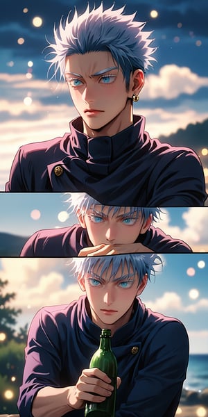 1boy, Gojou satoru, jujutsu Kaisen , white eyelashes, white eyebrows, masterpiece, best quality, very aesthetic, absurdres, cinematic still, emotional, harmonious, vignette, highly detailed, high budget, bokeh, cinemascope, moody, epic, gorgeous, film grain, grainy, solo, cloud, bottle, sky, holding bottle, black suit, angry, sideburns, upper body, single earring, holding a bottle