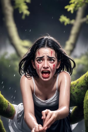 a pretty ghostly pale lady with long wet black hair, wearing loose shredded wet thick thobe with stains & dirts, slipped & sliding down rapidly & hilariously, on wet mossy tree branch, with panic & shouting expression in funny way, emphasising on the funny face expression, in raining scene, in dark gloomy night ambience, in hyper detail realistic images