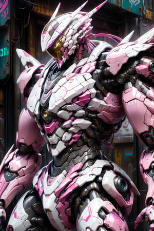 Close up view, viper mecha warrior, glossy white pink armor, hinghly detailed, futuristic design, hyperdetailed, polycarbonated shield, scar shield, in action, cyberpunk alley background,