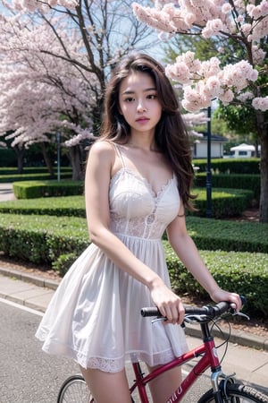 {{best quality}}, {{masterpiece}}, {{ultra-detailed}}, {illustration}, {detailed light}, {an extremely delicate and beautiful}, a girl, Surrounded by sakura trees, a grown-up girl in a white dress with long brown hair and a strong body was riding a bicycle on the main road in the middle of the sakura trees.