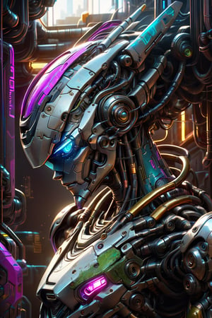 A close-up of a robot wearing a helmet, cyberpunk art by Android Jones, cgsociety, computer art, intricate detail, vibrant colors, neon lighting, futuristic design, high-tech textures, and a metallic finish. The image features a dynamic camera angle with dramatic lighting creating depth and highlighting the robot's detailed surfaces. The color palette includes vivid blues, purples, and greens, contributing to the overall mood of a high-tech, cyberpunk future. Extremely Realistic, Hyper Detailed, Cinematic Lighting Photography capturing every intricate detail, shot on nvidia rtx for realism, showcasing super-resolution and rendered in Unreal 5. Enhanced with subsurface scattering and PBR texturing for a lifelike appearance.