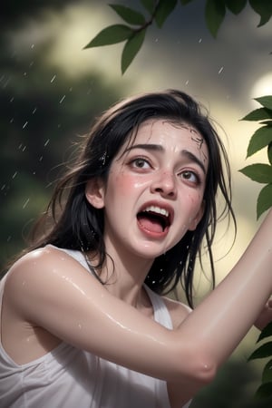 a pretty ghostly pale lady with long wet black hair, wearing loose shredded wet thick thobe with stains & dirts, slipped & sliding down rapidly & hilariously, on wet mossy tree branch, with panic & shouting expression in funny way, emphasising on the funny face expression, in raining scene, in dark gloomy night ambience, in hyper detail realistic images