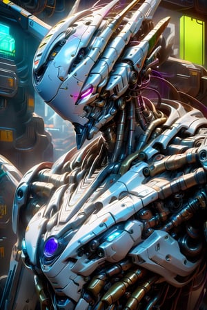 A close-up of a robot wearing a helmet, cyberpunk art by Android Jones, cgsociety, computer art, intricate detail, vibrant colors, neon lighting, futuristic design, high-tech textures, and a metallic finish. The image features a dynamic camera angle with dramatic lighting creating depth and highlighting the robot's detailed surfaces. The color palette includes vivid blues, purples, and greens, contributing to the overall mood of a high-tech, cyberpunk future. Extremely Realistic, Hyper Detailed, Cinematic Lighting Photography capturing every intricate detail, shot on nvidia rtx for realism, showcasing super-resolution and rendered in Unreal 5. Enhanced with subsurface scattering and PBR texturing for a lifelike appearance.