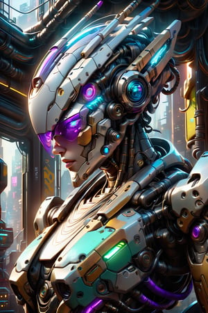 A close-up of a robot wearing a helmet, cyberpunk art by Android Jones, cgsociety, computer art, intricate detail, vibrant colors, neon lighting, futuristic design, high-tech textures, and a metallic finish. The image features a dynamic camera angle with dramatic lighting creating depth and highlighting the robot's detailed surfaces. The color palette includes vivid blues, purples, and greens, contributing to the overall mood of a high-tech, cyberpunk future. Extremely Realistic, Hyper Detailed, Cinematic Lighting Photography capturing every intricate detail, shot on nvidia rtx for realism, showcasing super-resolution and rendered in Unreal 5. Enhanced with subsurface scattering and PBR texturing for a lifelike appearance.