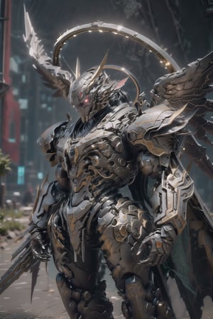 solo, red eyes, holding, weapon, wings, holding weapon, gun, no humans, glowing, halo, robot, building, holding gun, mecha, science fiction, mechanical wings