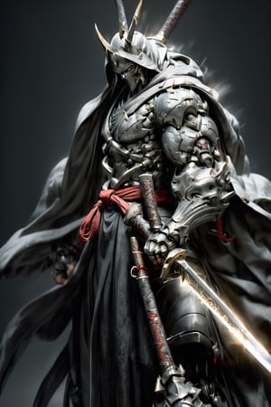 hyper realistic high definition photography image of a hooded warrior wearing a black robe, simple samurai attire, long silver glistening gothic looking sword, in striking style, the blade in motion captured like long exposure. dark grey background, very low light. each detail in high definition. 64k.